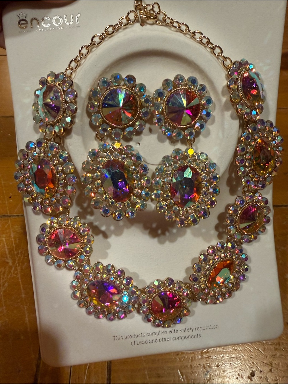 AB Pink Gold Crystal Statement Necklace Earrings set